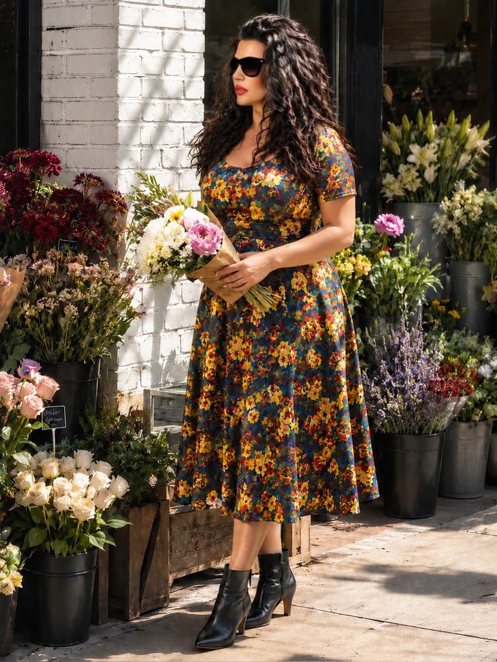 LuLaRoe Amelia Dress L Large Floral Fit Flare Pleated Midi With Pockets Stretch